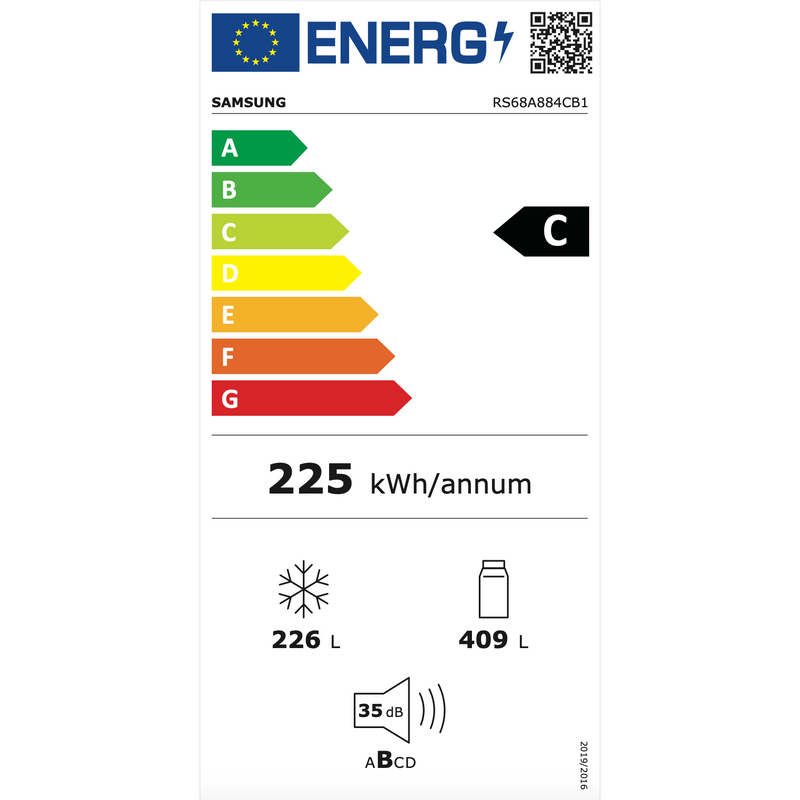 Samsung RS68A884CB1 Amerikaanse koelkast - Dubbele deuren - Zwart - Energiezuinig - 634 liter capaciteit - No Frost - Water- en ijsdispenser energielabel