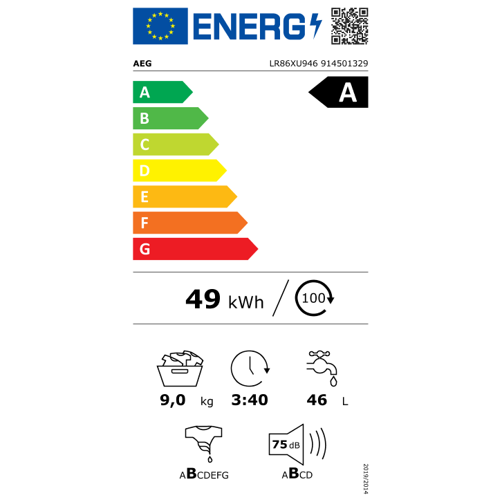 AEG LR86XU946 wasmachine energielabel